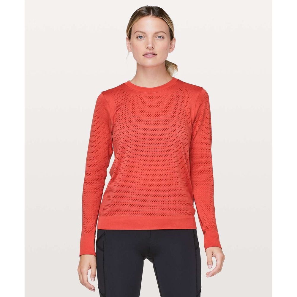 Lululemon Breeze By Long Sleeve Squad‎ Tee Women 10 Orange Top Yoga Athleisure
